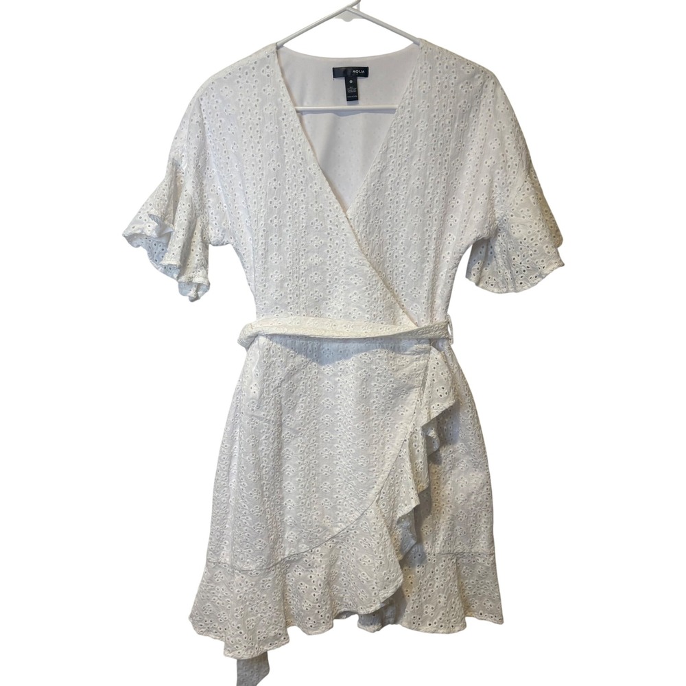 AQUA Eyelet Wrap Dress Womens S White Ruffle Flutter Sleeve Boho European Summer